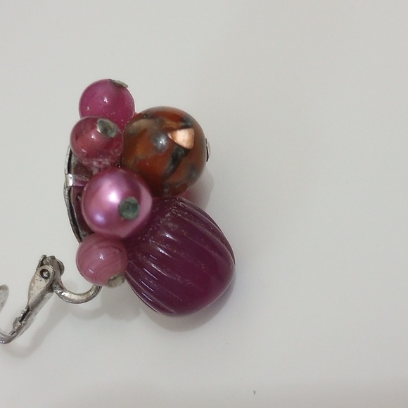 Vintage Clipon raspberry Pink mosaic pearl Earring Cluster Japan 1950s - Picture 5 of 9